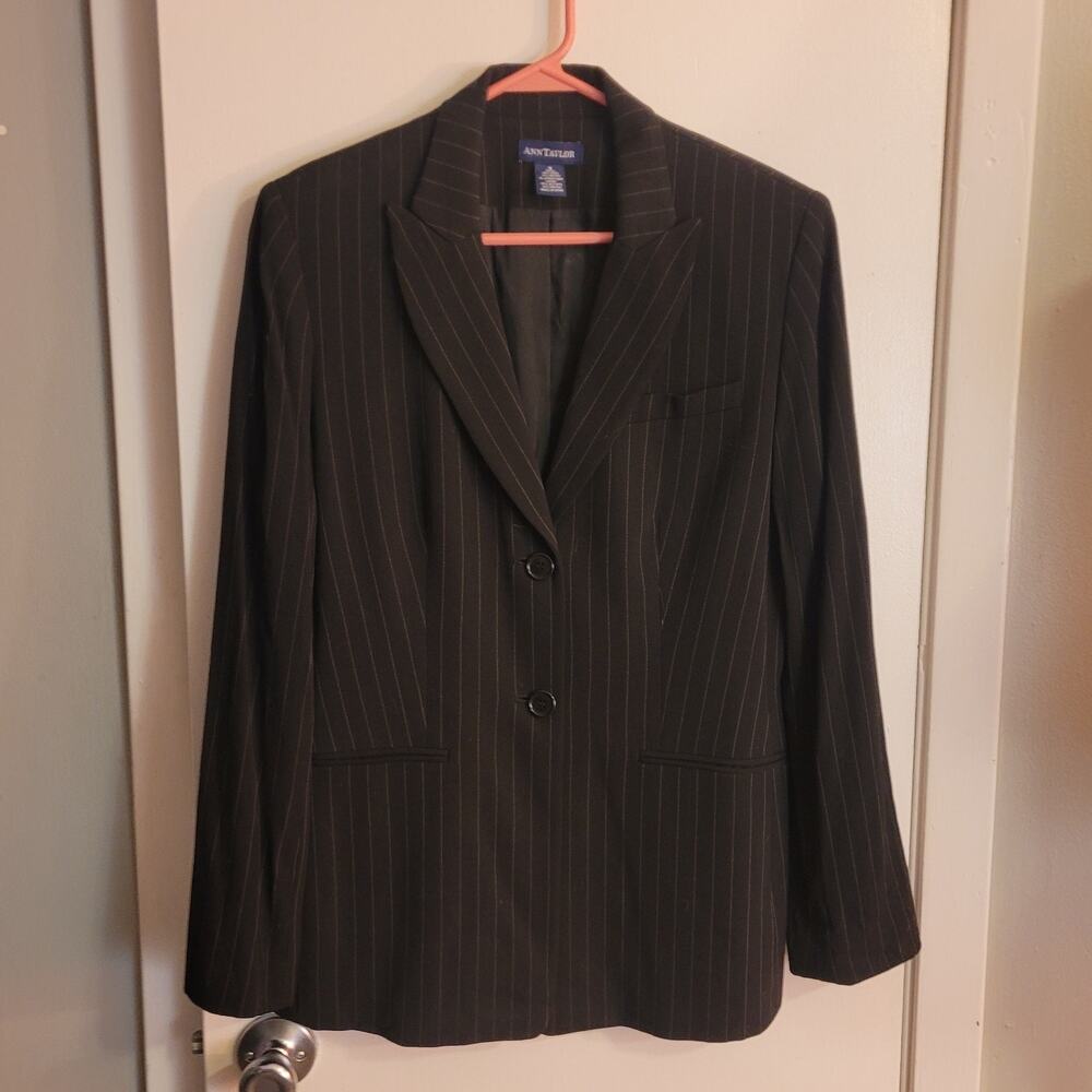 Ann Taylor Wool Pinstripe Blazer Womens 8 Brown Tailored Career Preppy Classic